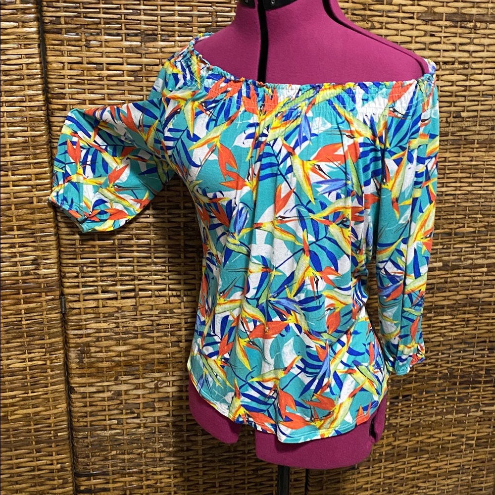 EUC Marisa Orange yellow blue green floral farm Rio vibes off the shoulder top M